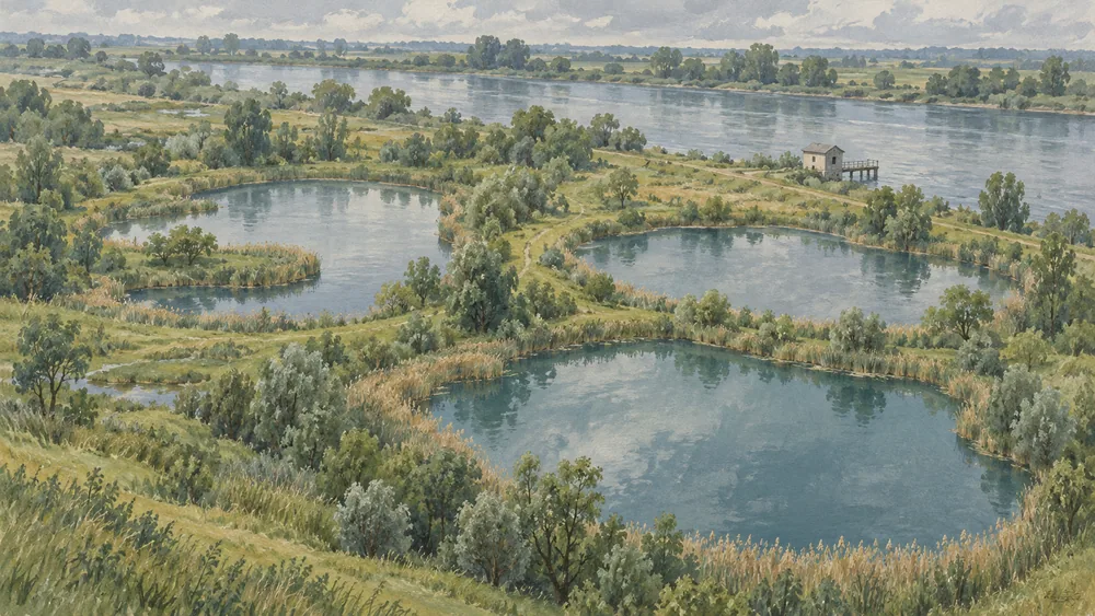 Three imagined storage basins among reeds beside a river and small hut.