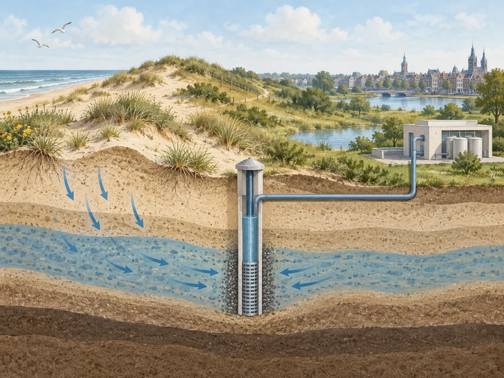 Conceptual sandy-dune cutaway with a recovery well and a separate downstream treatment building.