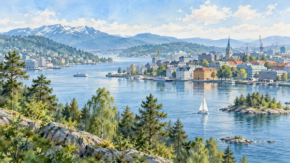An imagined Nordic waterfront city lies beneath wooded and snowy hills.