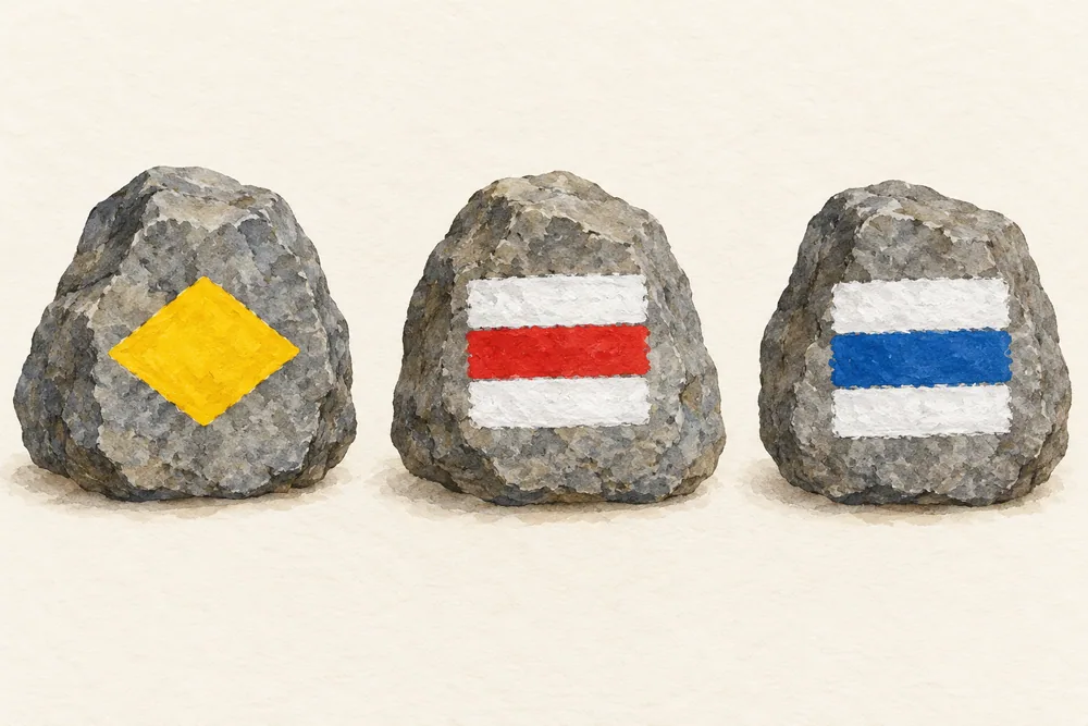 Three illustrated stones marked with a yellow diamond, white-red-white bands and white-blue-white bands.