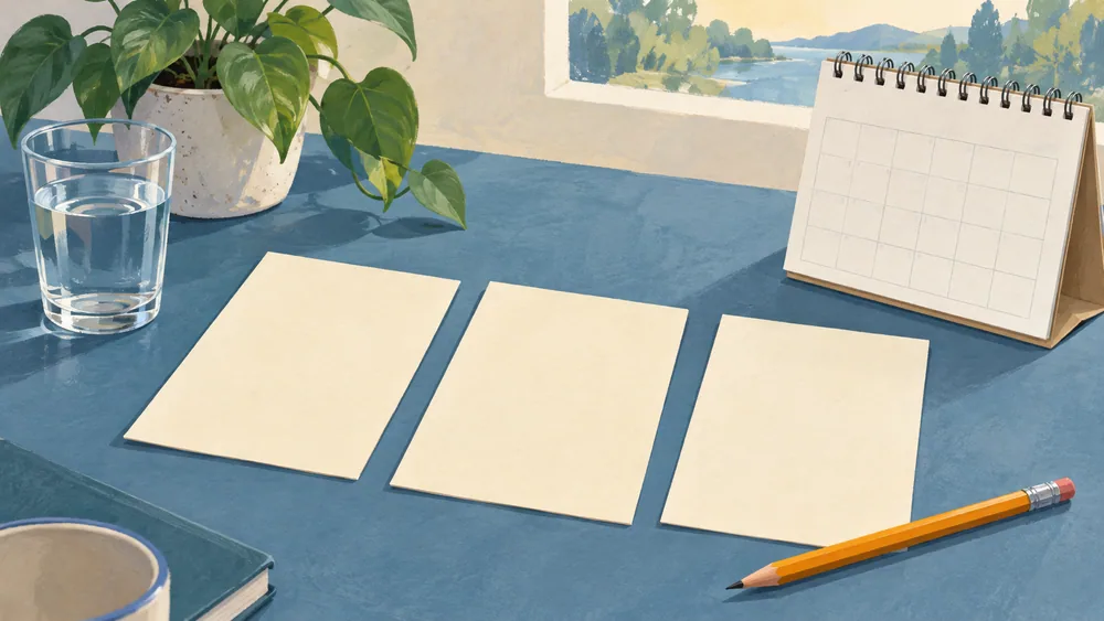 Three blank paper cards beside an unnumbered desk calendar and pencil.