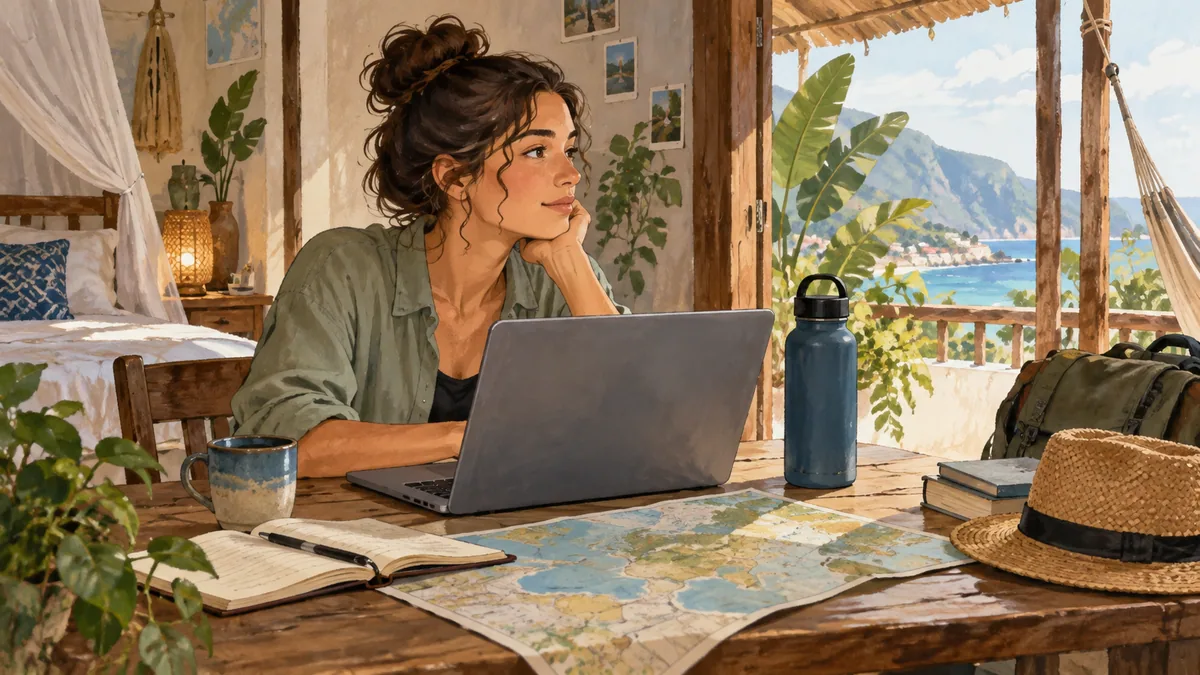 Illustrated remote-work desk in a travel accommodation, with a laptop, map and refillable bottle.