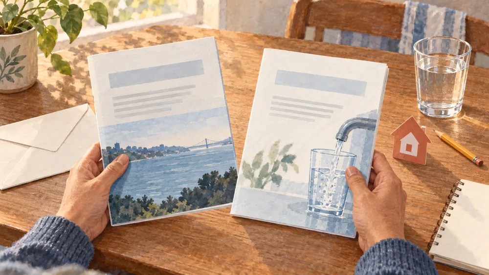 Hands compare two generic report booklets beside an envelope and a small house-shaped marker.