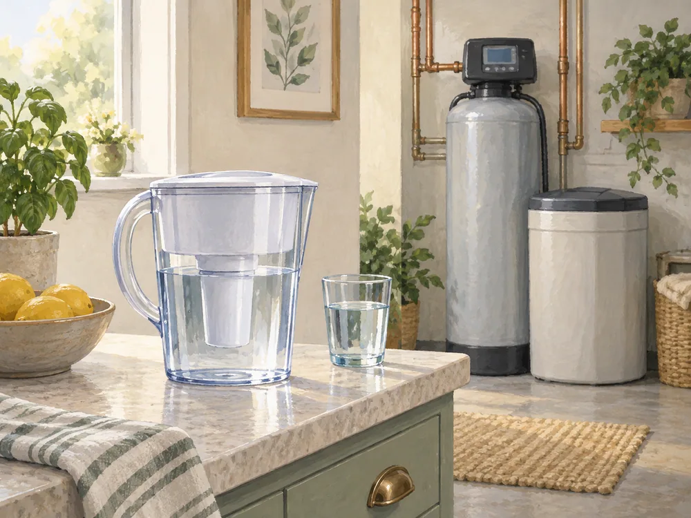 Illustrated kitchen counter with a portable pitcher and larger household treatment equipment nearby.