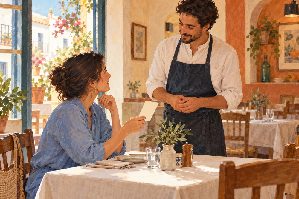 Illustration of a diner holding an unlettered card while speaking with a restaurant server.