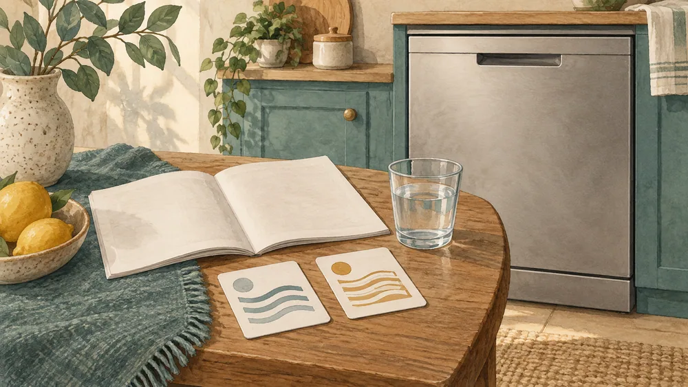 Two unlabelled patterned cards and an open booklet lie beside a dishwasher.