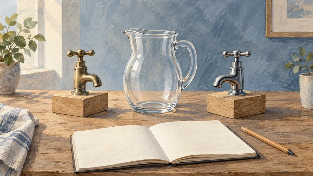 Two separate miniature taps beside an unmarked jug, blank notebook and pencil.