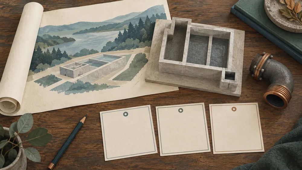 Illustration of a basin model, pipe fitting, blank milestone cards and a rolled landscape drawing.