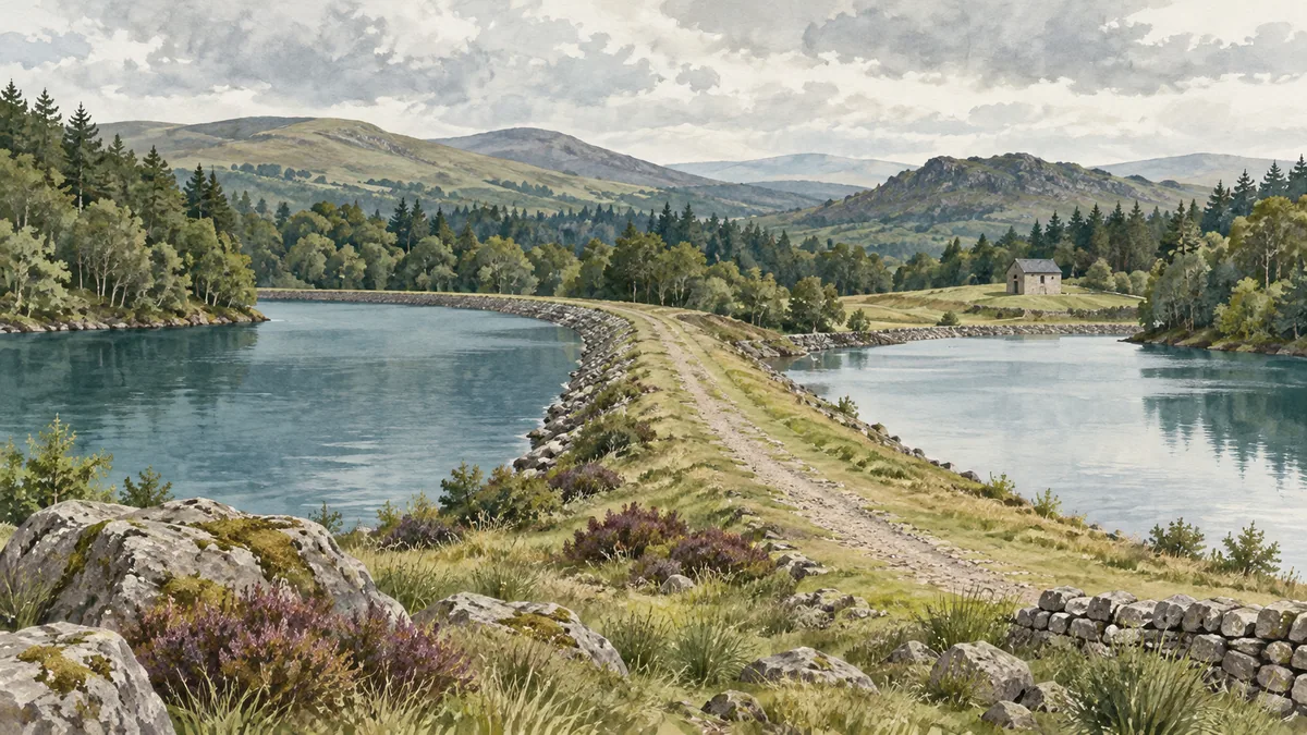Two imagined reservoirs separated by a broad path, with wooded hills and a small generic building.