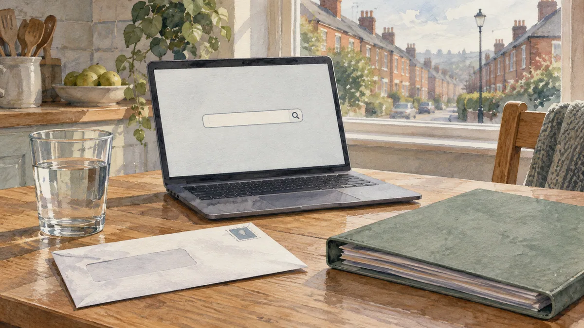 An envelope, laptop and household folder beside a glass of water in an imagined kitchen.