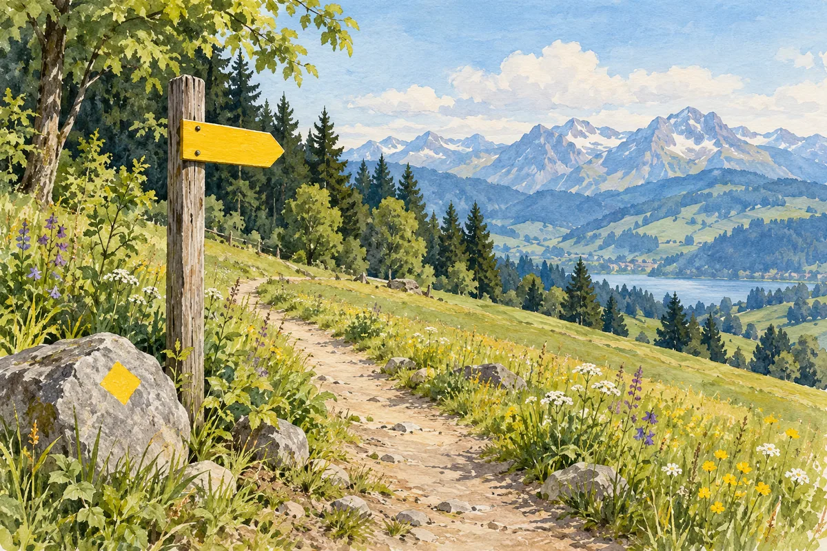 Watercolor illustration of a yellow hiking arrow and yellow diamond beside a path in an imagined Swiss landscape.