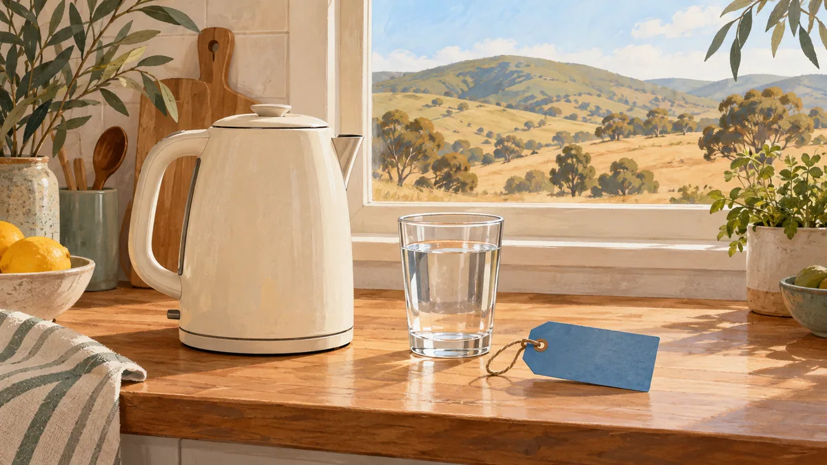 Cream kettle, water glass and blank blue tag in an imagined kitchen overlooking low hills.