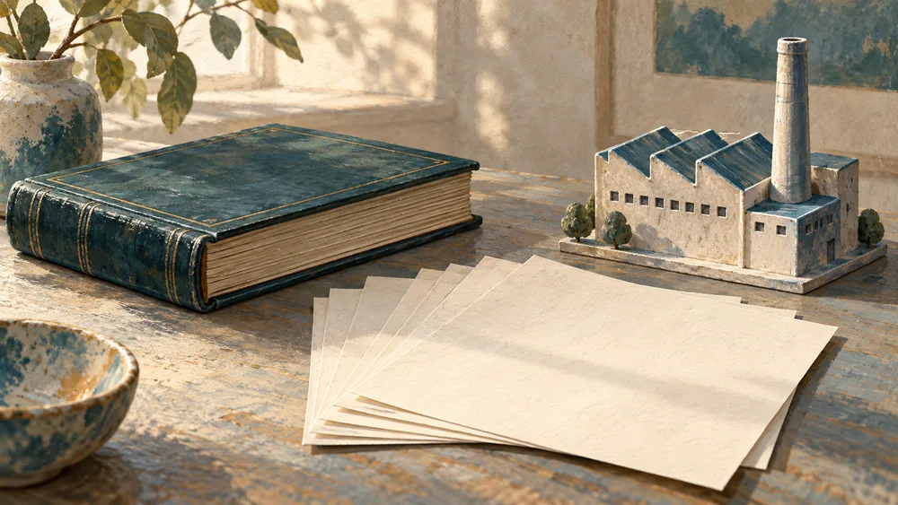 Generated illustration of an archive ledger and blank sheets beside a generic ceramic factory model.