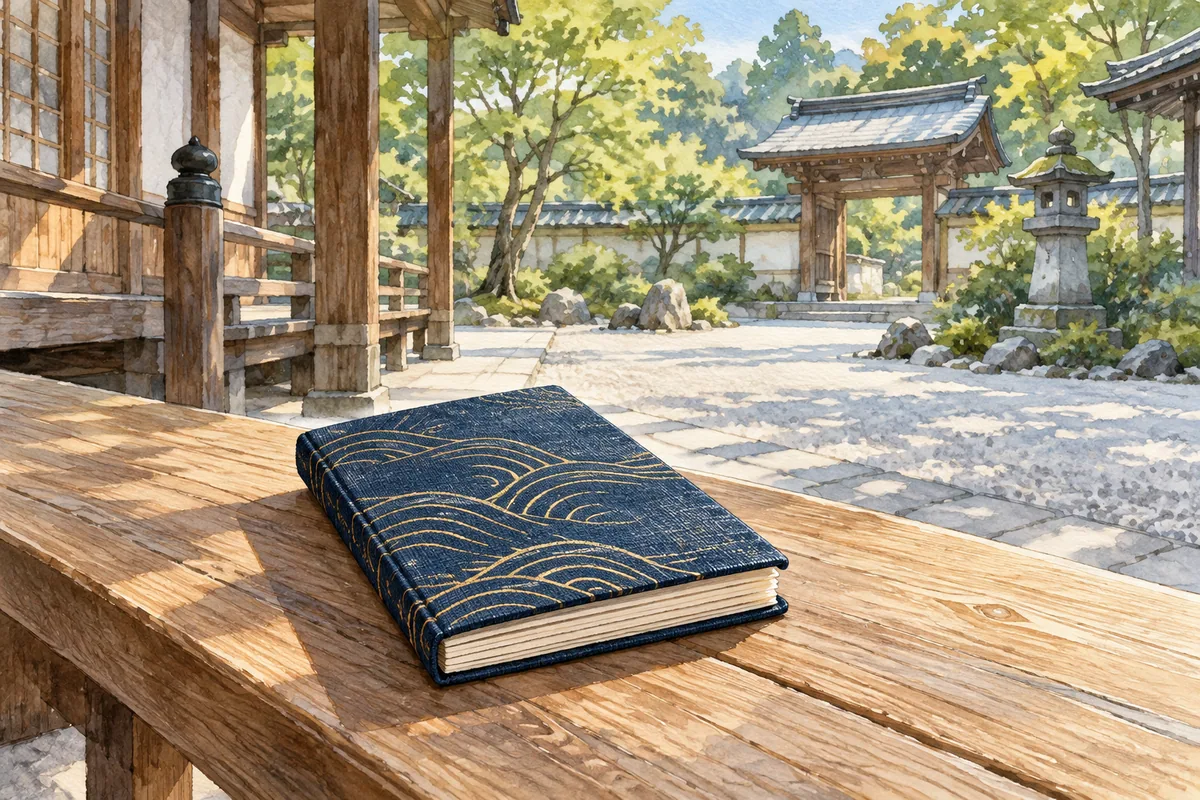 Closed indigo goshuincho with gold wave patterns on a wooden bench in an illustrated courtyard.