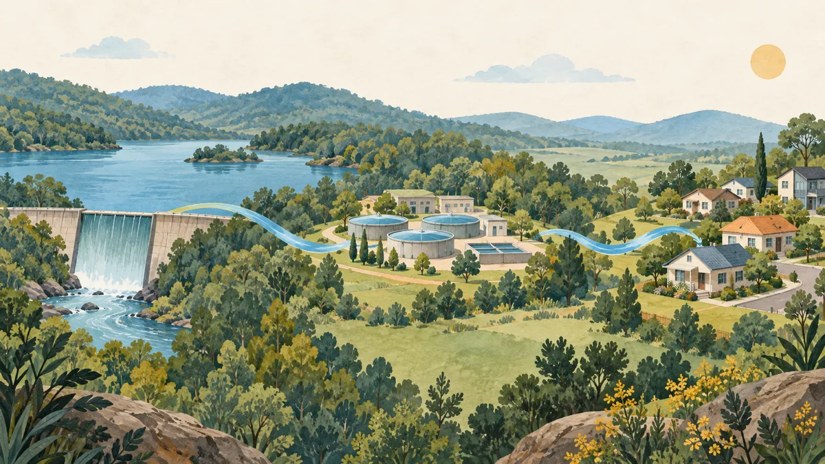 Generated illustration of a fictional reservoir, treatment buildings and a town water network.