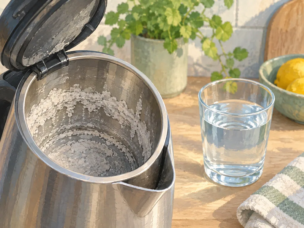 Illustrated close-up of a kettle interior with white mineral residue, beside a glass of water on a counter.