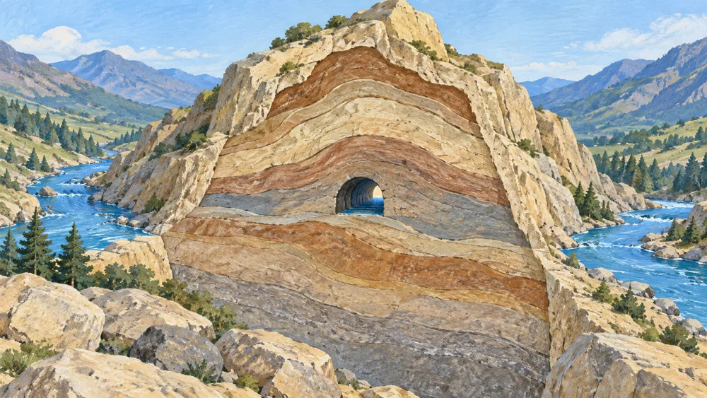A simplified rocky cutaway with one imaginary water tunnel between valleys.