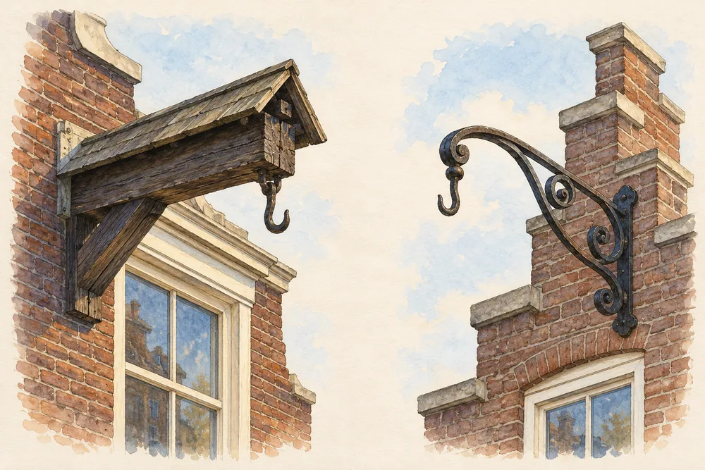 Illustrated comparison of a covered wooden beam and a curved iron hoisting anchor, each with a hook.