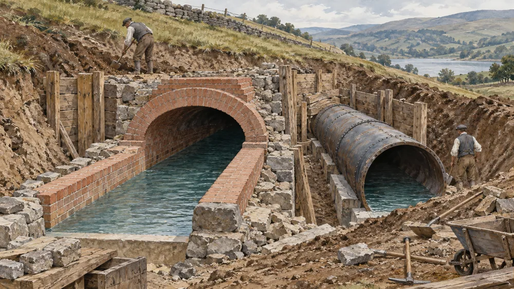 Workers beside a brick conduit and an iron pipe in an imagined rural construction cutting.