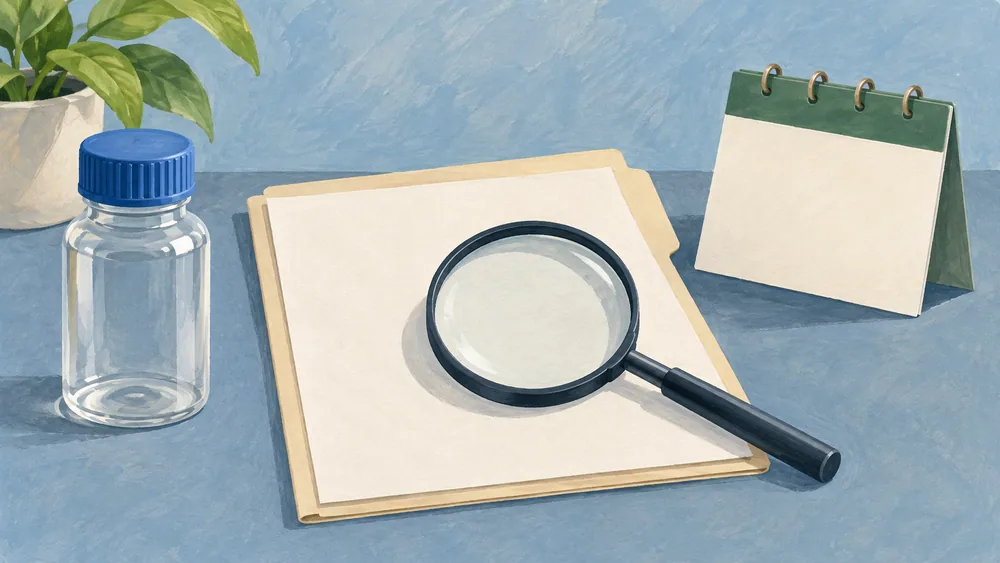 A capped sample bottle beside blank paperwork and a calendar card.