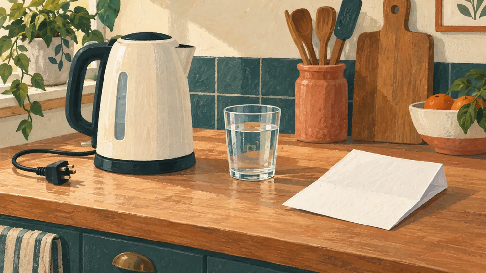 An unplugged kettle, glass of water and blank folded sheet on a kitchen worktop.