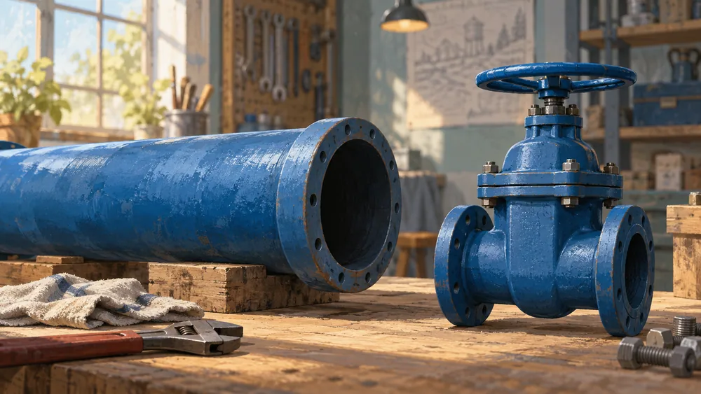 A separate blue pipe segment and valve rest in an imagined workshop.