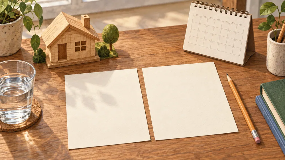 Two blank notice sheets beside a model house, unnumbered calendar and pencil.