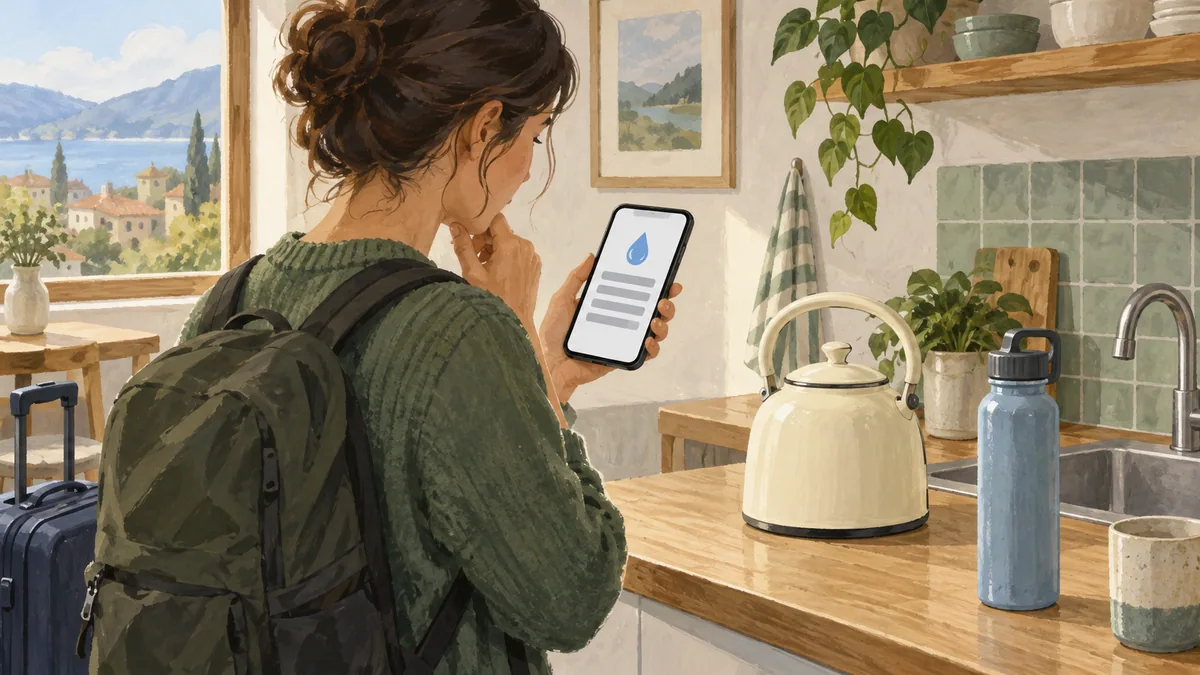 Illustrated traveler reading a phone in an accommodation kitchen, with a kettle and water bottle on the counter.
