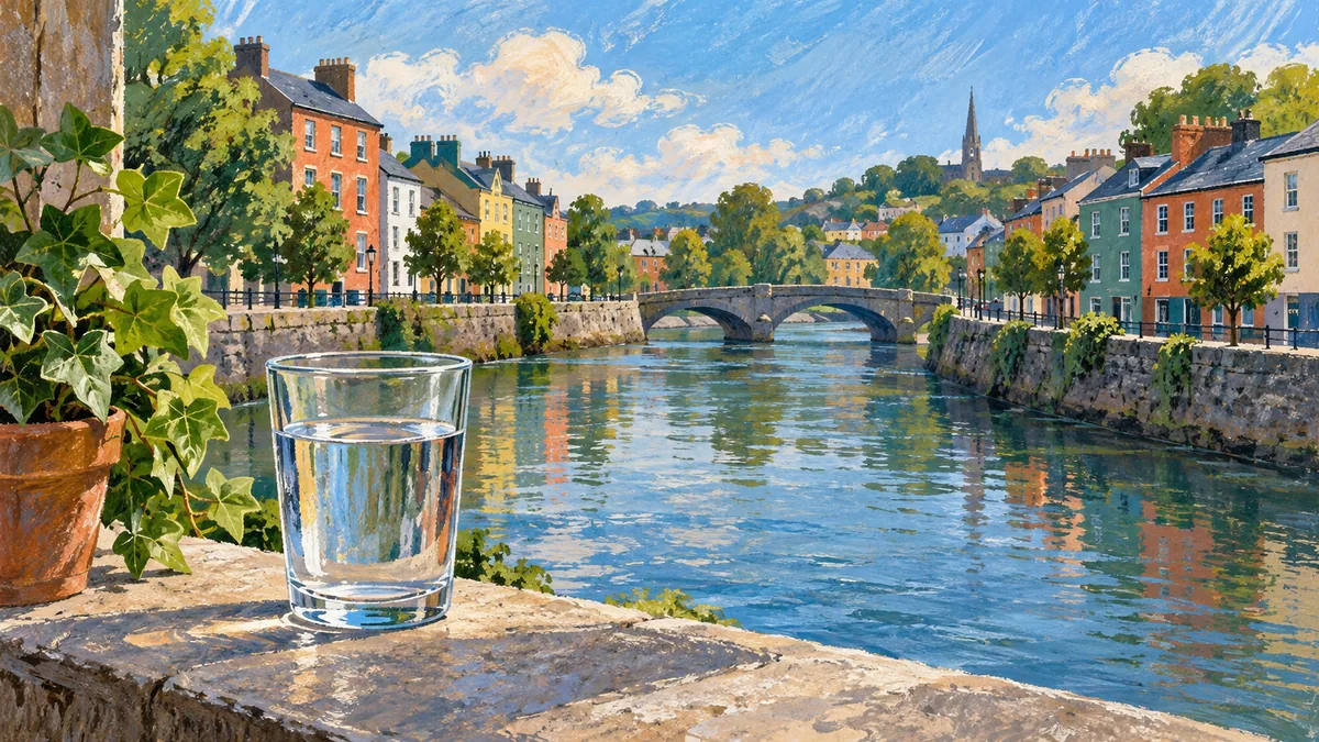 Illustrated riverfront with colourful buildings, a small bridge and a drinking glass in the foreground.