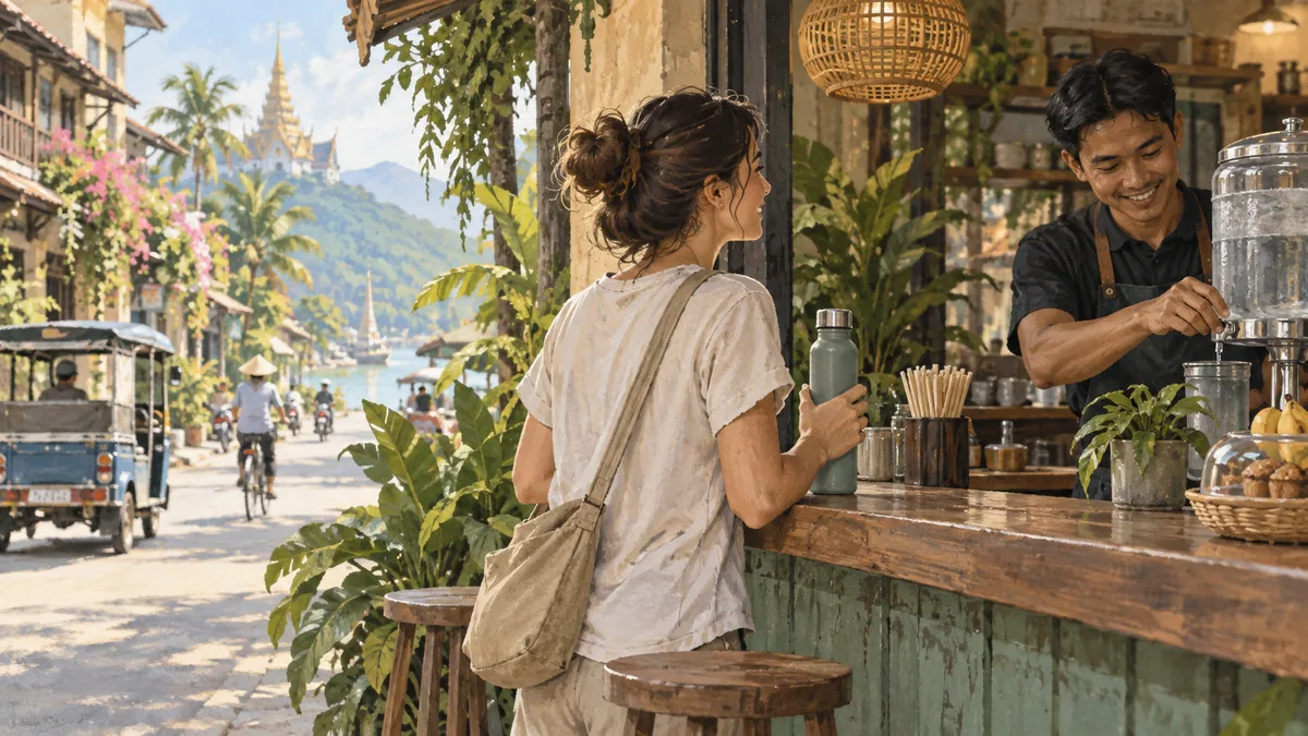 Illustrated traveler holding a refillable bottle at a cafe counter on a generic Southeast Asian street.