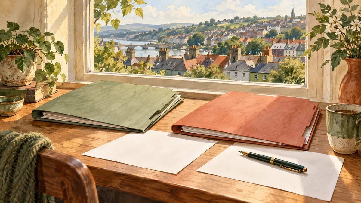 Illustration of blank folders and papers beside a window overlooking an invented riverside city.