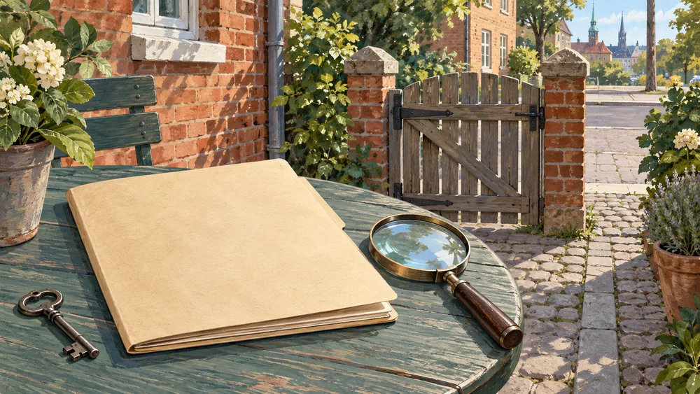 A blank folder, magnifying glass and key beside a fictional garden gate.