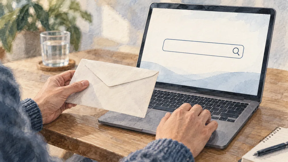 Hands hold an envelope beside a laptop with an empty search field.