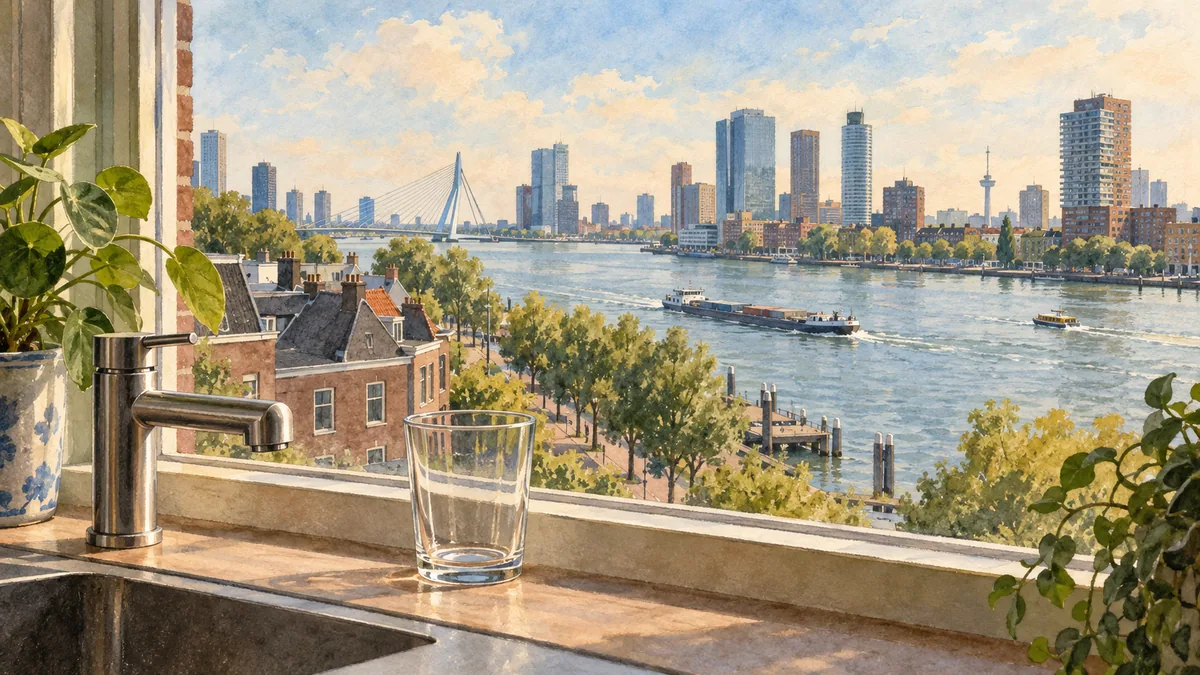 A painted Dutch riverfront appears beyond a fictional window tap and glass.
