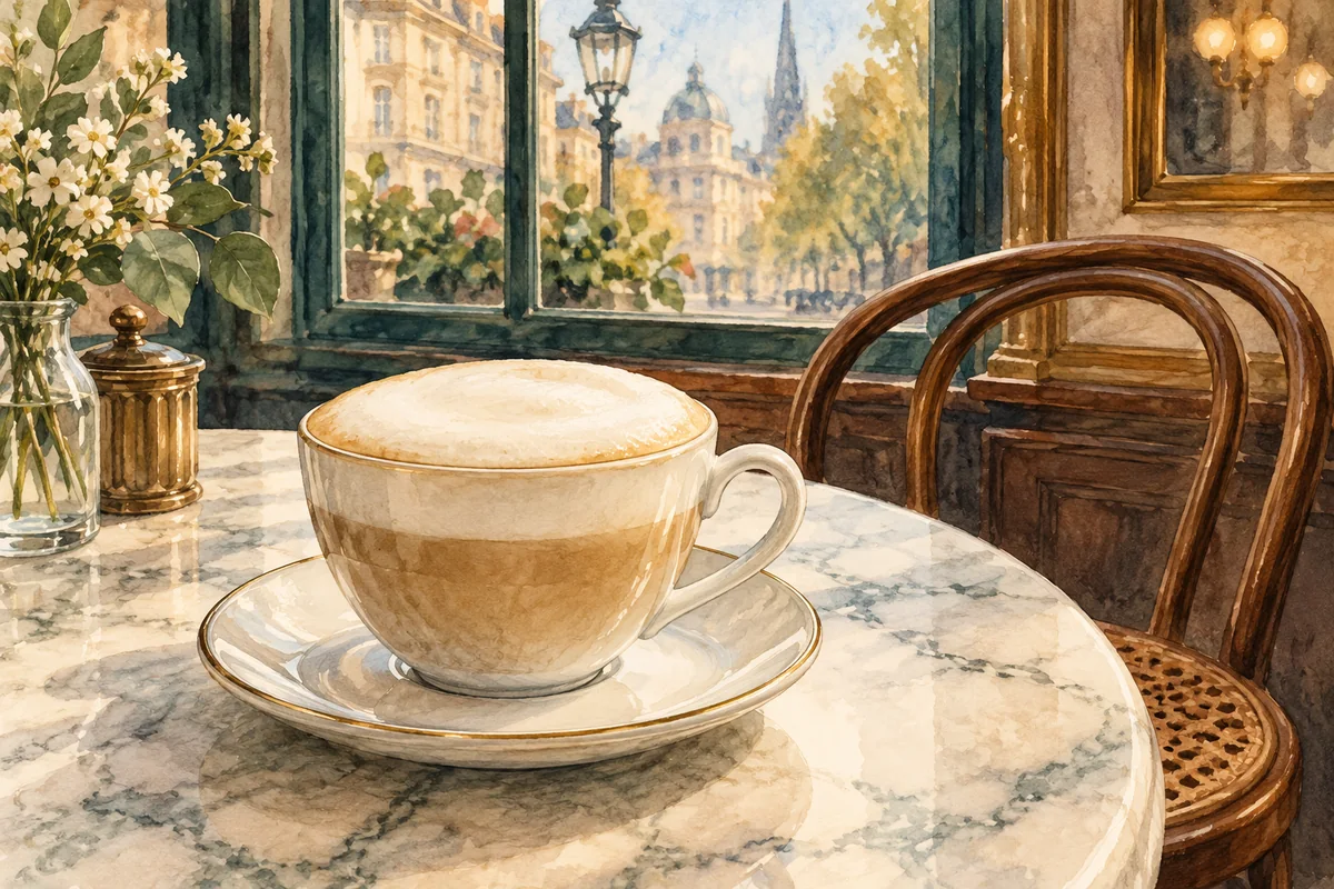 Watercolor illustration of a foamy milk coffee on a marble table beside a bentwood café chair.