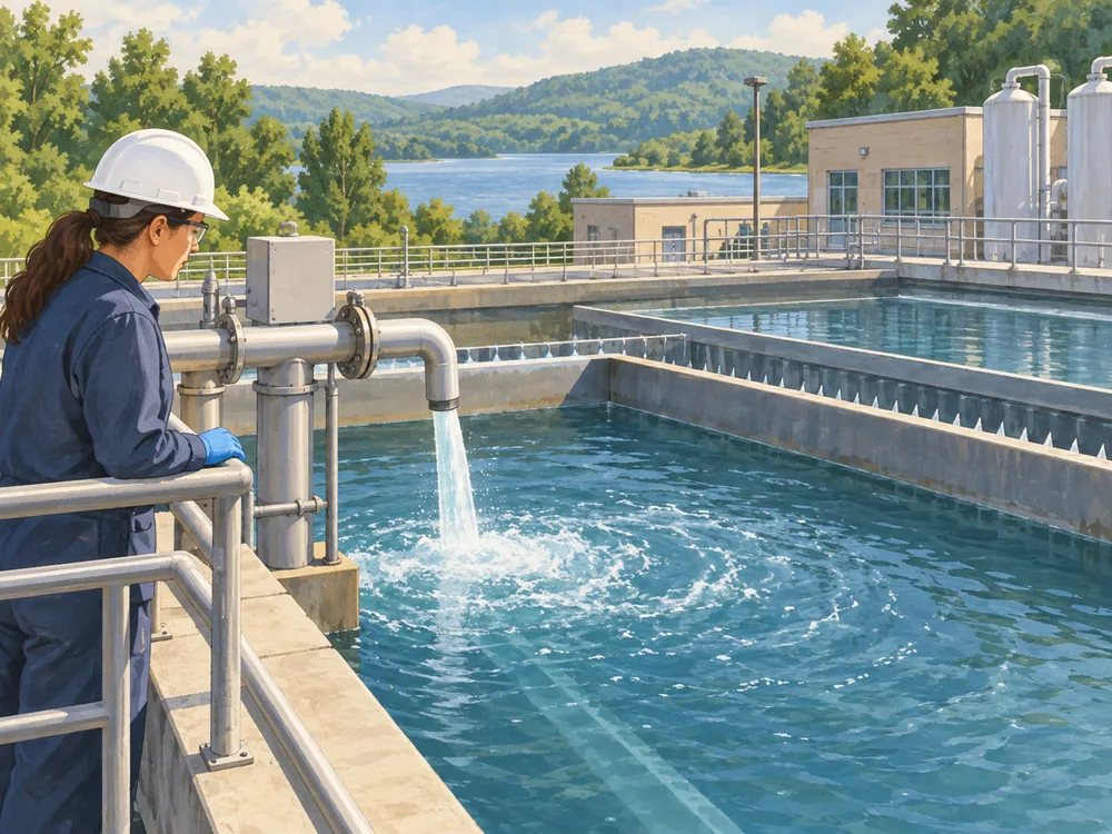 Illustrated worker beside outdoor treatment basins, tanks and pipes, with a wooded reservoir in the background.