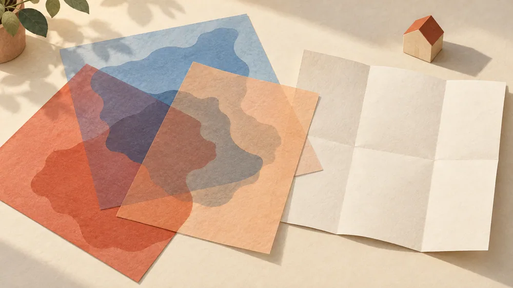 Translucent colored sheets overlap beside blank outlines and a paper house.