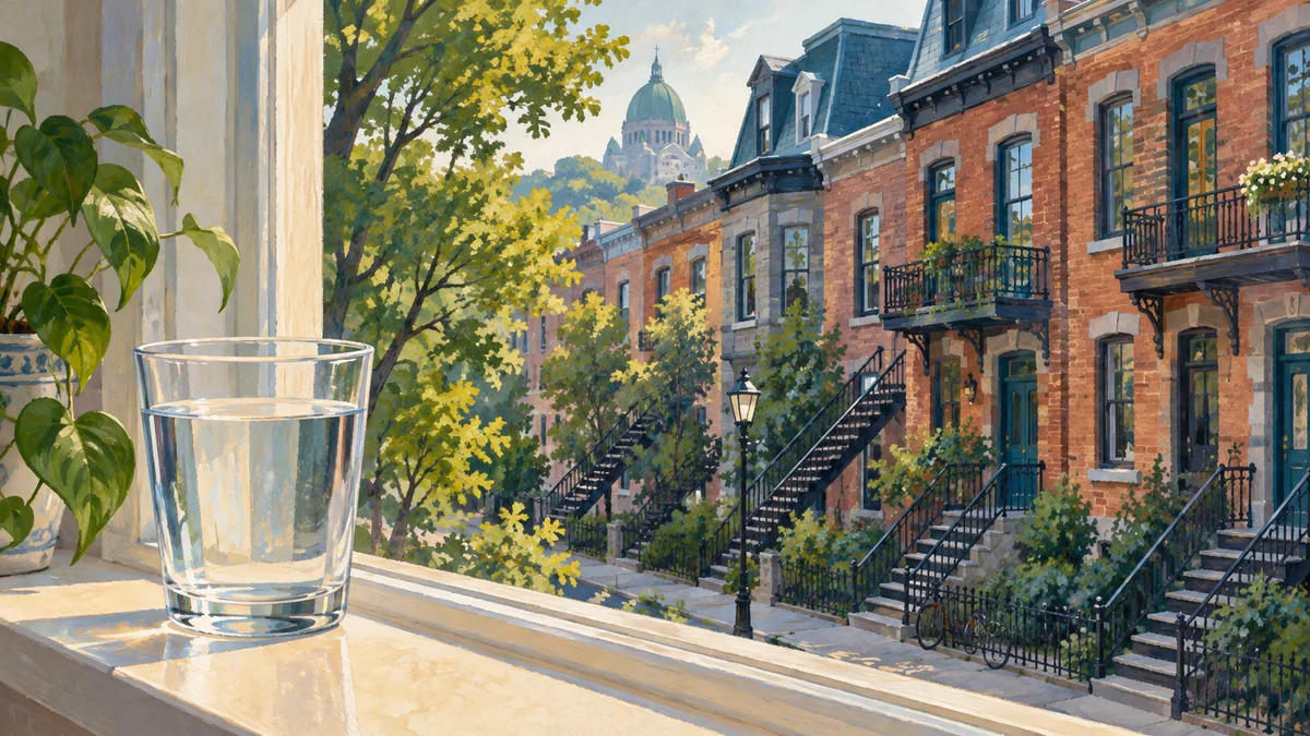 A water glass on a windowsill overlooks an imagined street of brick homes and stairs.