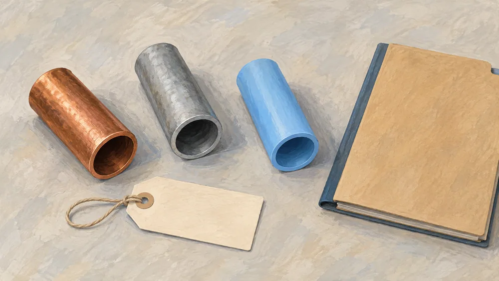 Three pipe samples with different appearances beside a blank tag and closed folder.