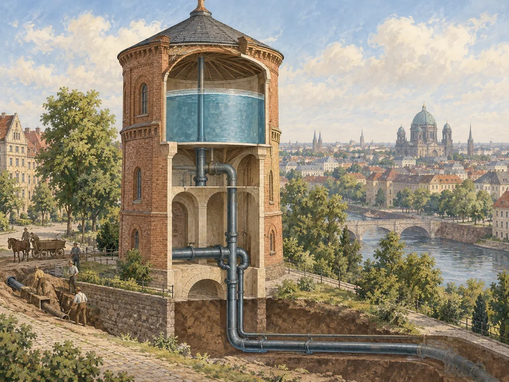 Historical reconstruction of a brick water tower, with a conceptual cutaway suggesting storage and connected pipes.