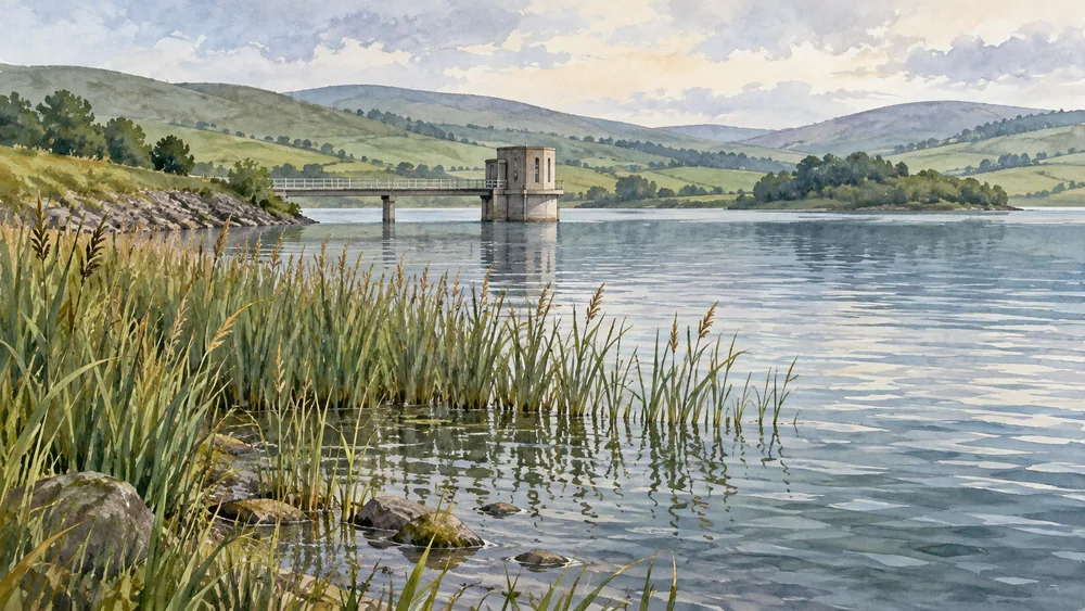 Illustration of a generic reservoir intake beside reeds and an open lake.