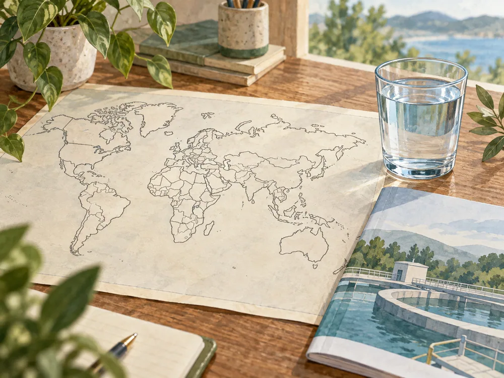 Illustration of an uncolored world map, drinking glass and utility-report booklet arranged on a desk.