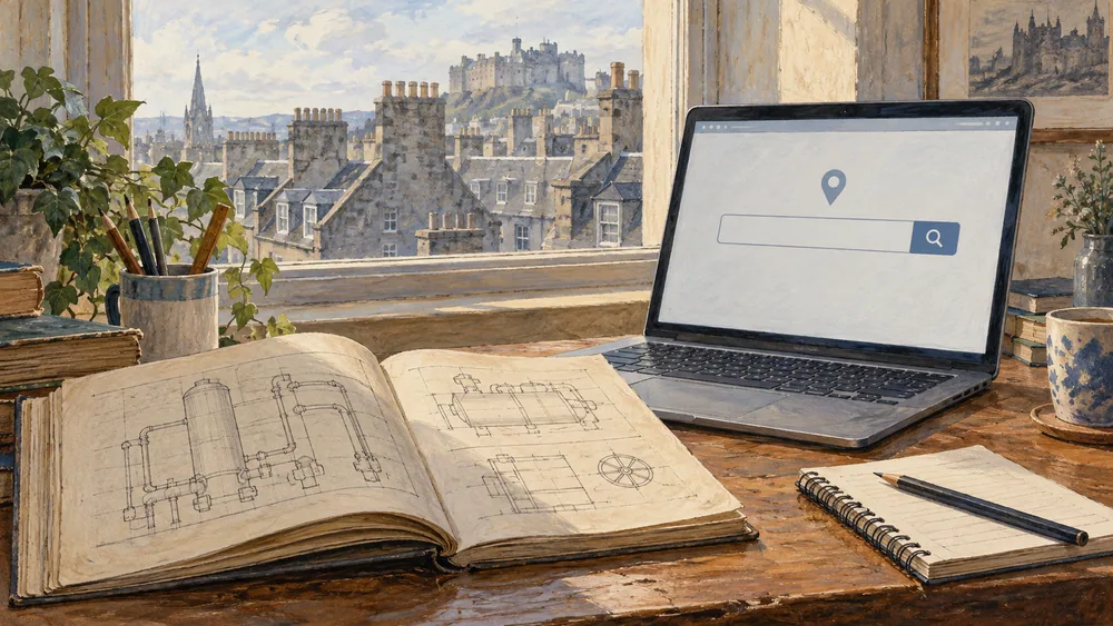 An imagined engineering booklet and laptop search field on a desk overlooking painted stone rooftops.