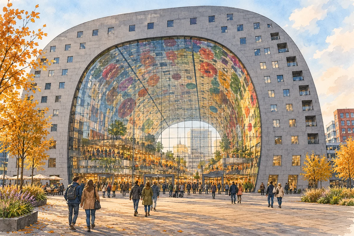 Watercolor interpretation of Markthal’s grey arched building and glass facade, with visitors in the foreground.