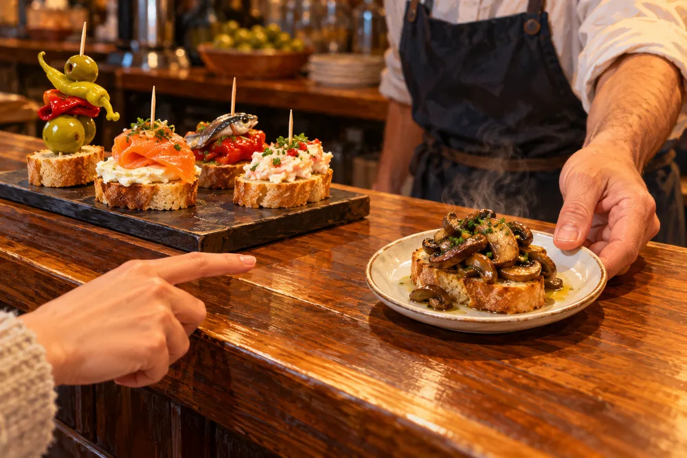 Illustration of displayed pintxos beside a mushroom-topped bite being served on a plate.