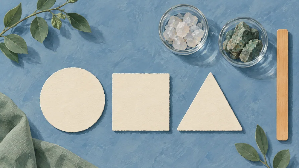 Unmarked paper shapes beside two bowls of decorative stones.