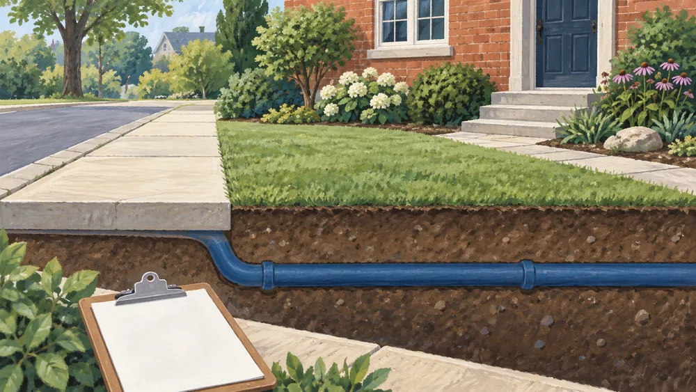 A garden and sidewalk above an imaginary pipe, beside a blank clipboard.