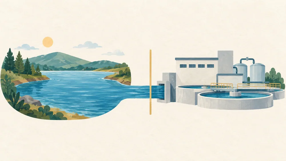 Generated conceptual illustration of reservoir water approaching a separate treatment stage.