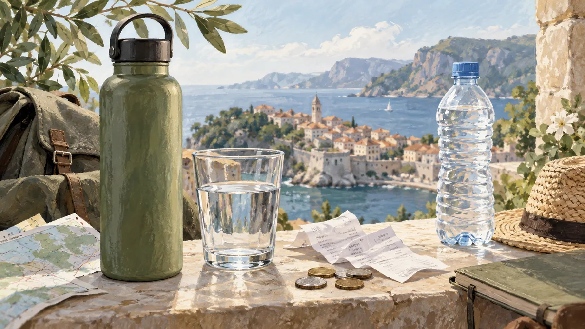 A reusable bottle, drinking glass, receipt papers and plain coins form an illustrated travel-budget still life.