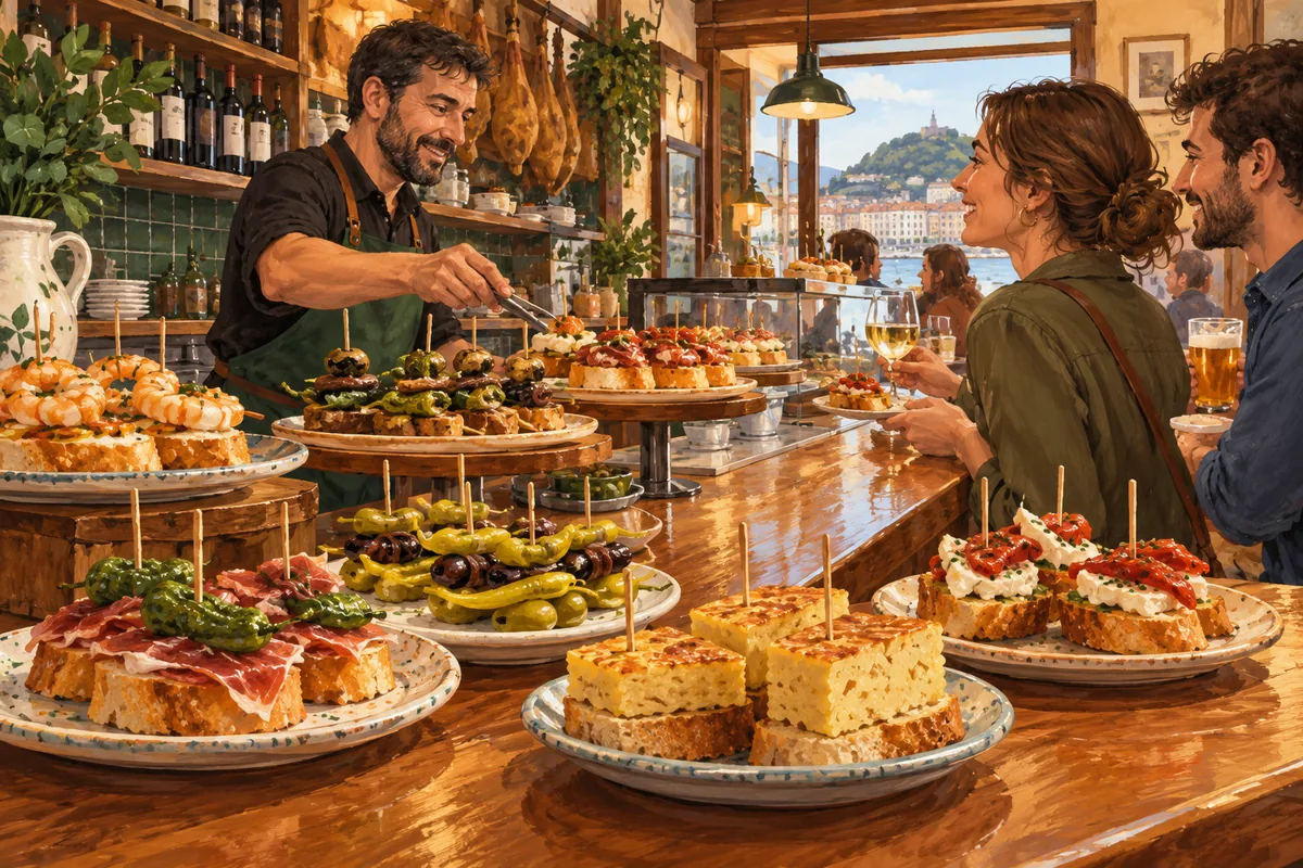 Illustration of pintxos displayed along a bar counter, with a bartender and adult customers.